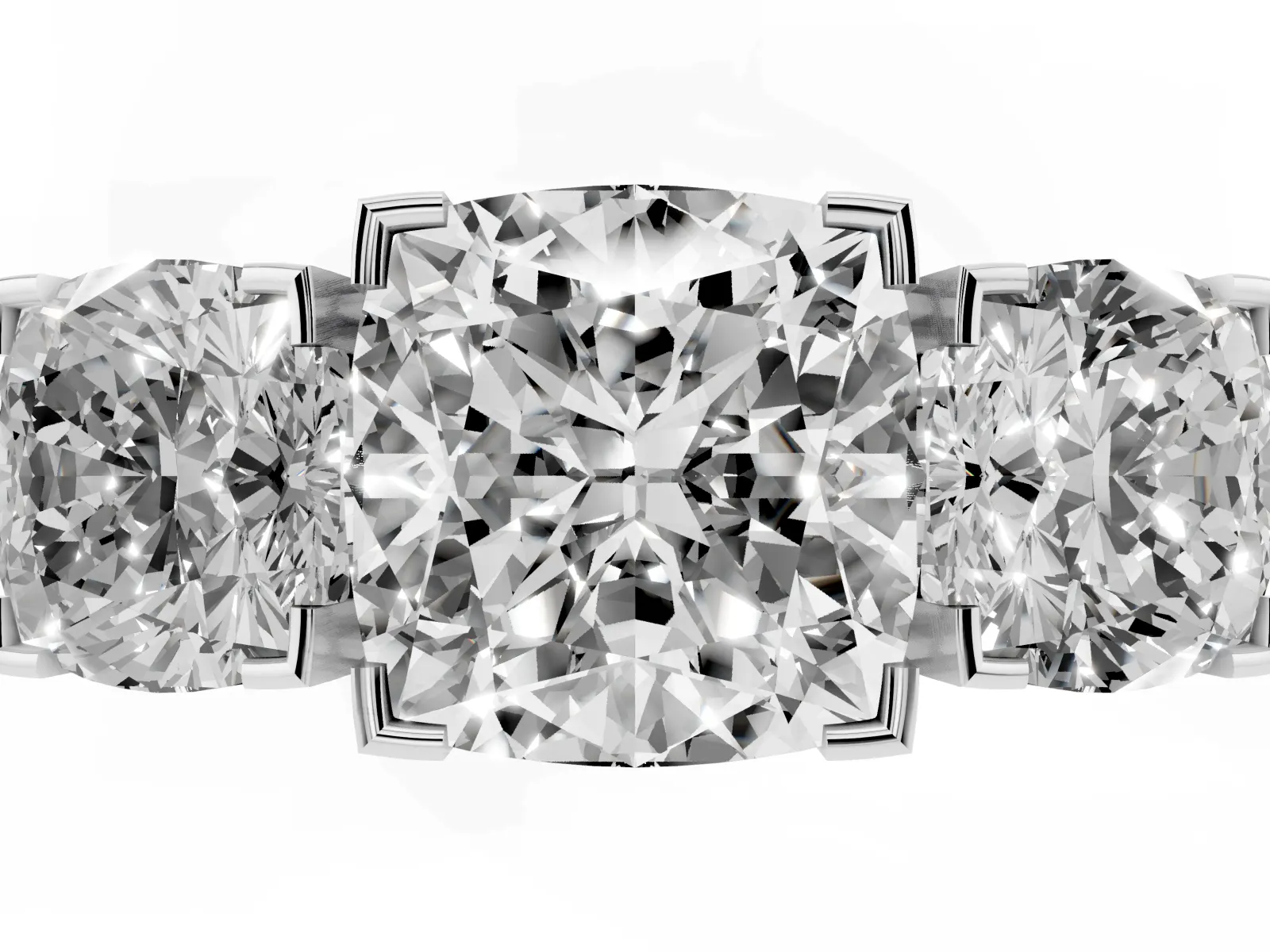Three-Stone Cushion Cut Cut Diamond Ring with Channel Set Band and Four-Prong Setting Platinum