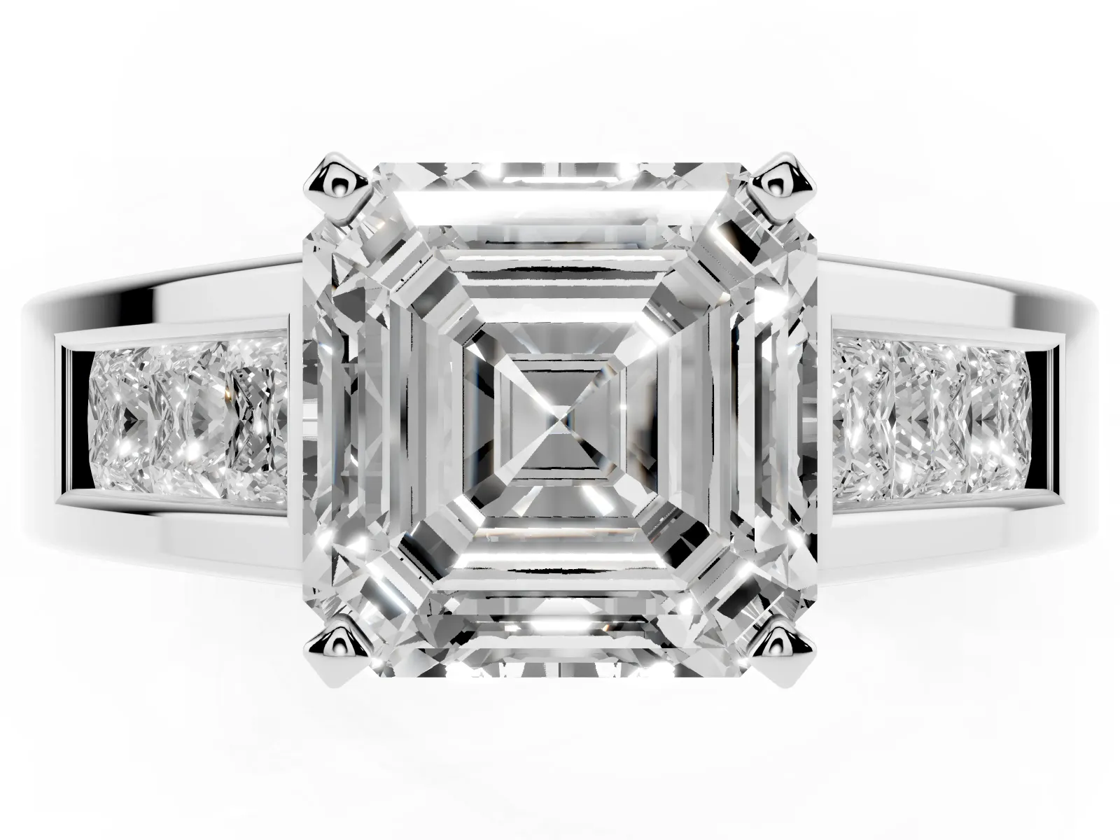 Asscher Cut Cut Channel Set Solitaire Ring with Four-Prong Setting Silver