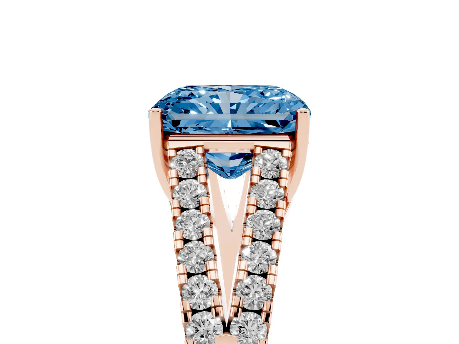 Fancy Blue Radiant Cut Diamond Split Shank Engagement Ring with Round Pavé and Prong Setting Rose gold
