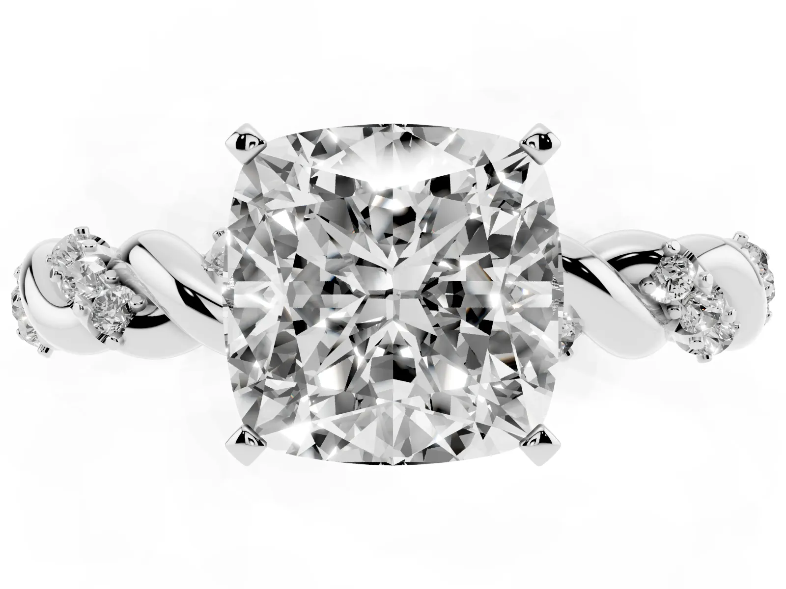 Cushion Cut Diamond Solitaire Ring with Twisted Band and Pavé Accents White gold