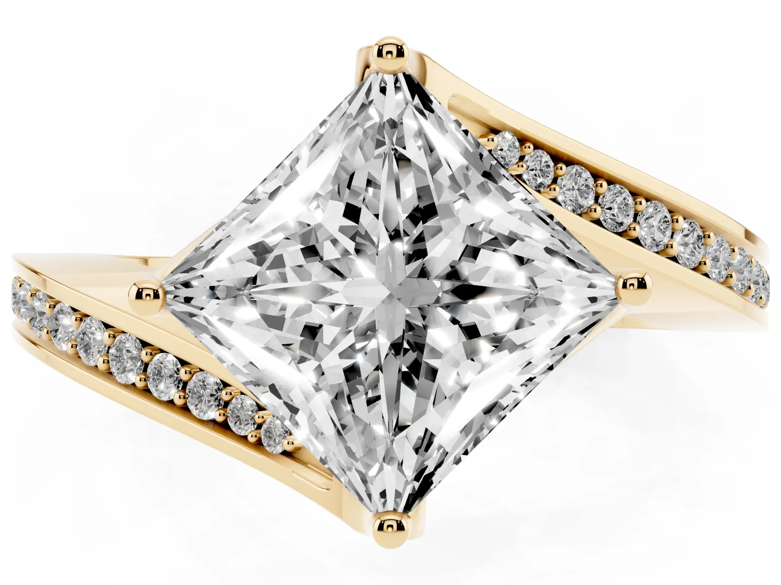Princess Cut Solitaire Diamond Twist Band with Pavé Setting and Four-Prong Setting Yellow gold