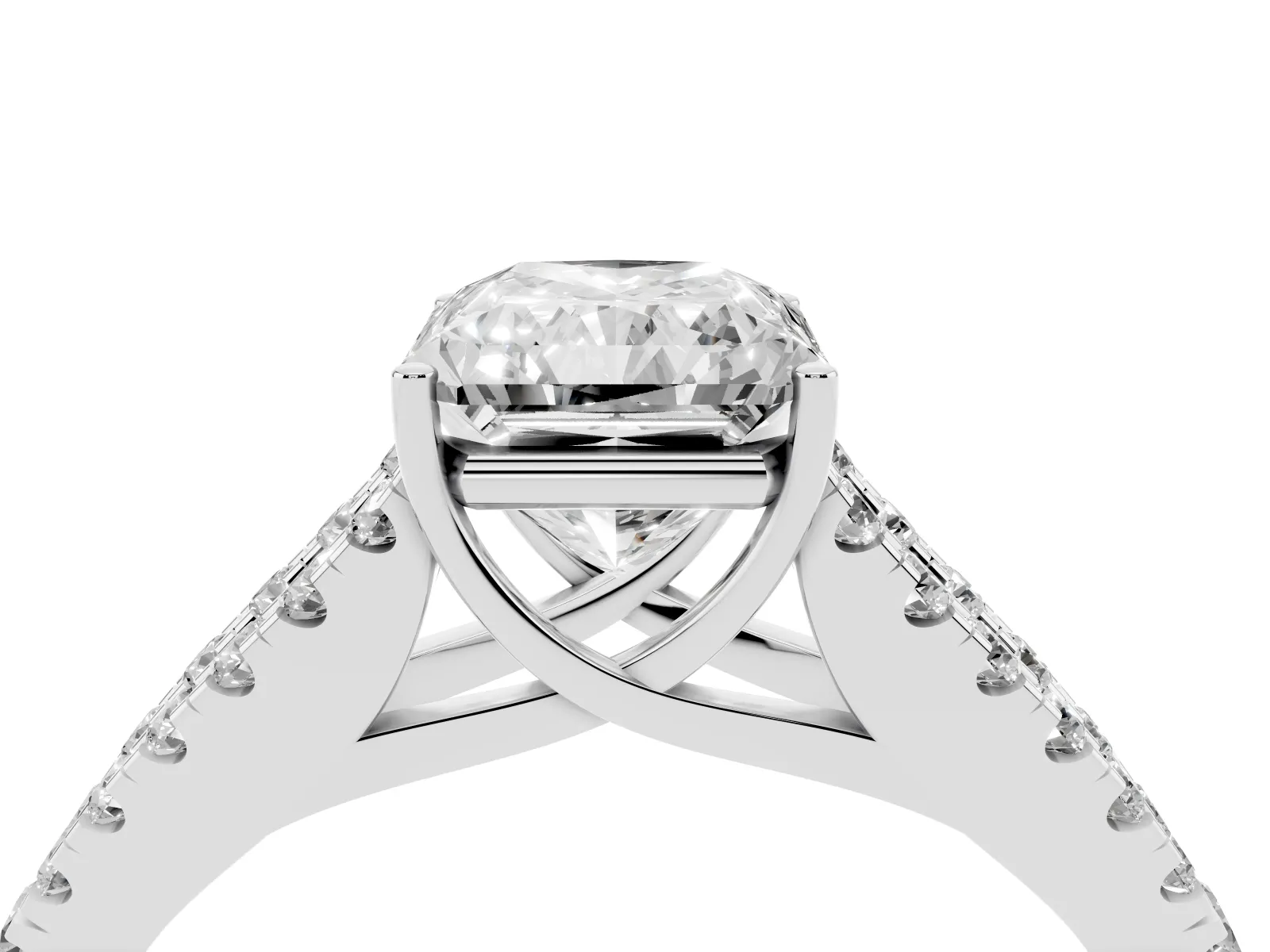 Radiant Cut Diamond Split Shank Engagement Ring with Round Pavé and Prong Setting Silver