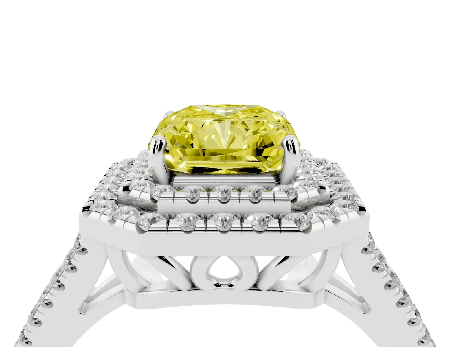 Fancy Yellow Radiant Cut Diamond Double Halo Ring with Pavé Band and Prong Setting Platinum