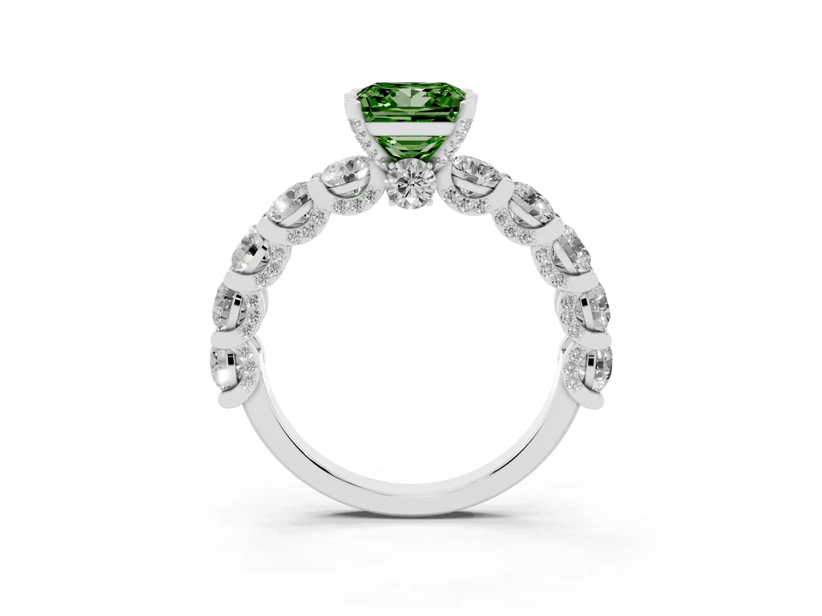 Fancy Green Princess Cut Diamond Side Stone Engagement Ring with Four-Prong Setting Platinum