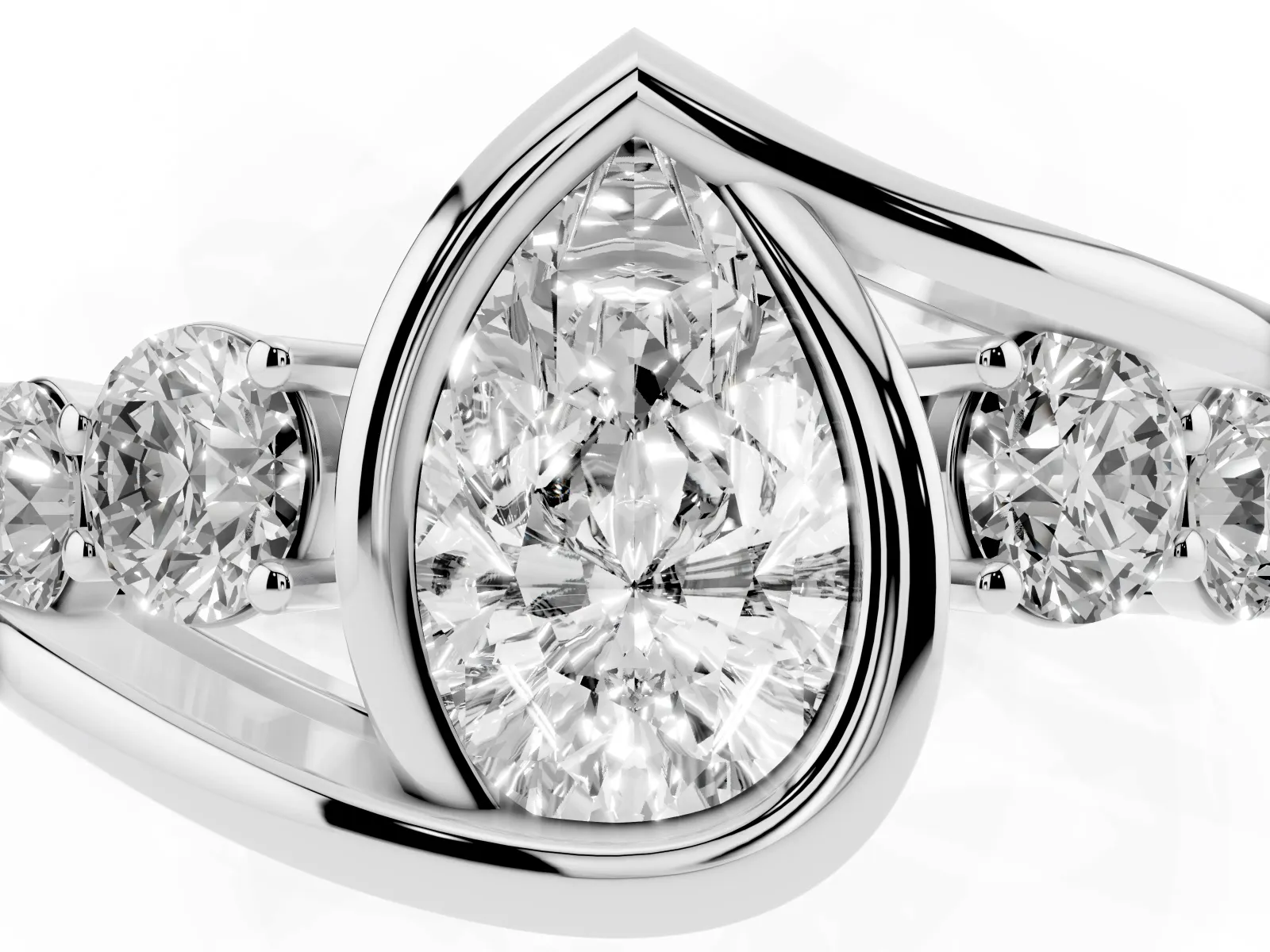 Bezel Set Pear Cut Diamond Bypass Ring with Round Accents White gold