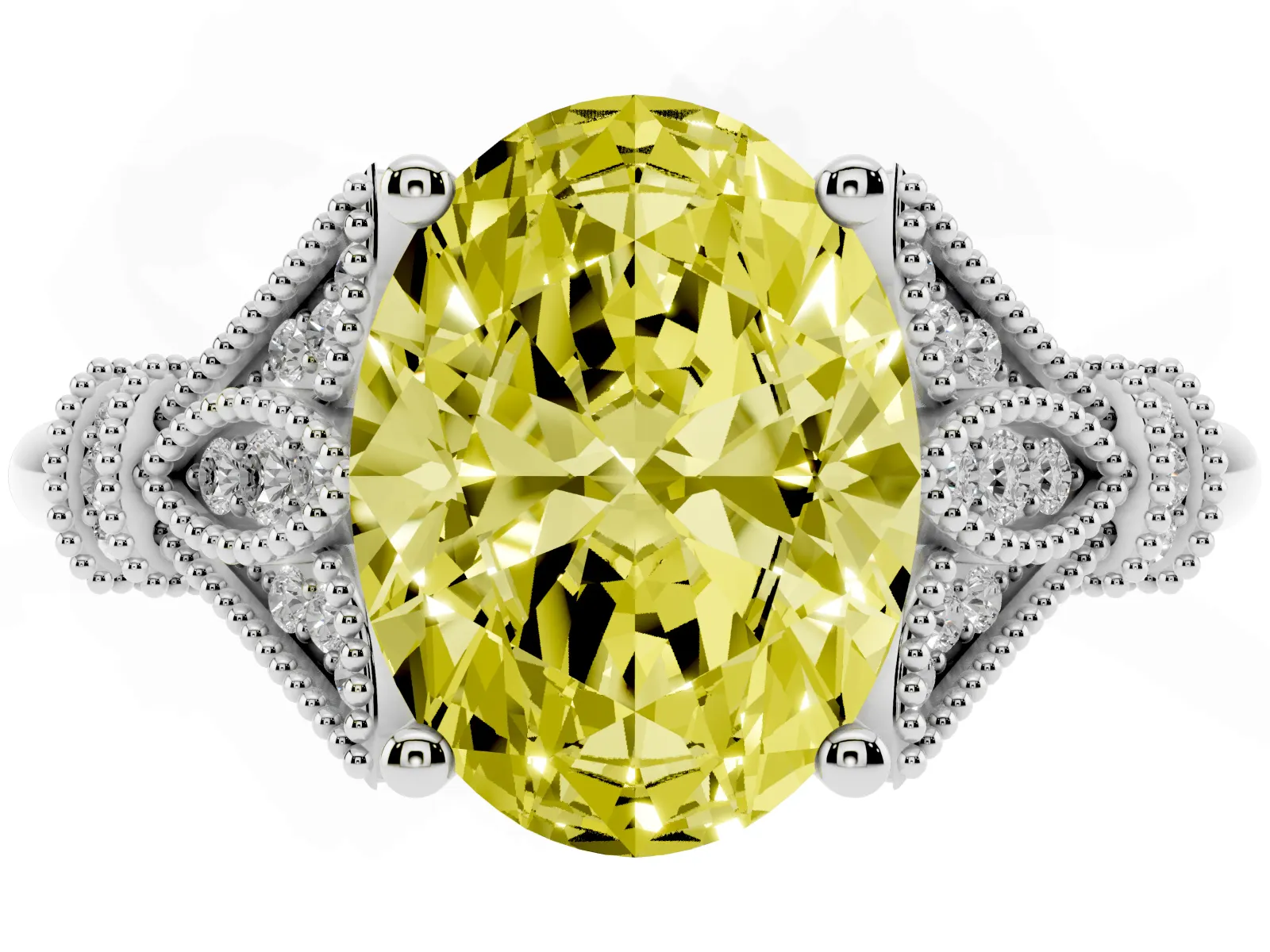Fancy Yellow Oval Cut Diamond Solitaire Ring with Floral Filigree and Pave Accents White gold