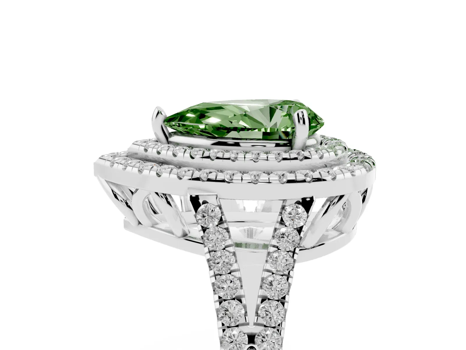Fancy Green Pear Cut Diamond Double Halo Ring with Pavé Band and Prong Setting Platinum