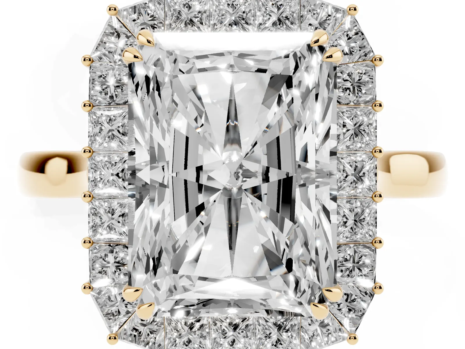Radiant Diamond Baguette Halo Engagement Ring Yellow gold