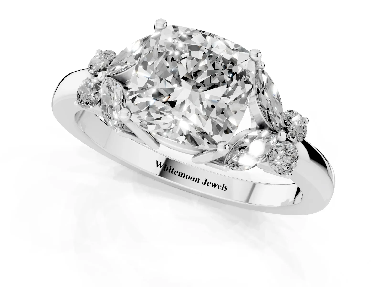 Cushion Cut Cut Solitaire Floral Diamond Ring with Four-Prong Setting Platinum