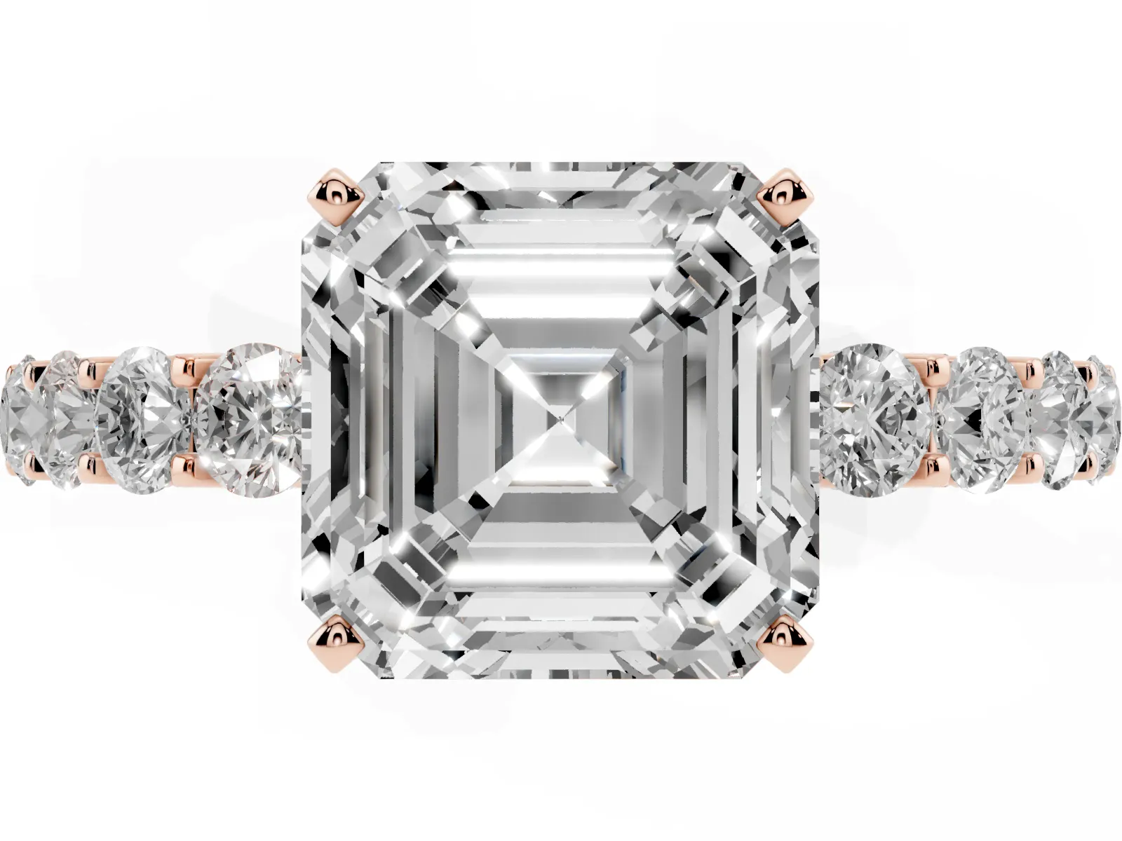 Asscher Cut Diamond Solitaire Ring with Shared Prong Pavé Band and Four-Prong Setting Rose gold