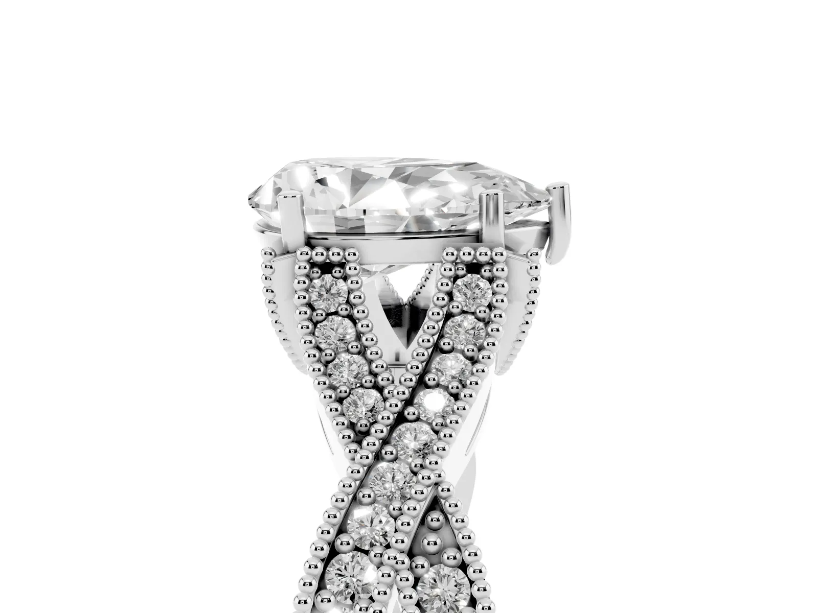 Pear Cut Cut Diamond Twisted Band with Milgrain Pave Setting and Four-Prong Setting Platinum