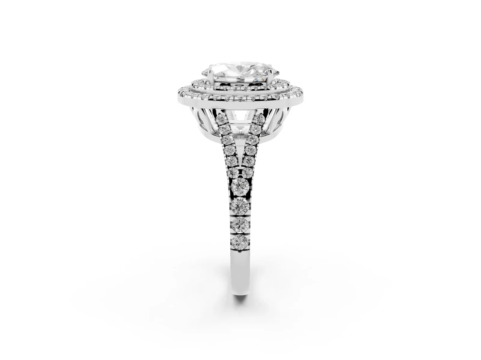 Oval Cut Diamond Double Halo Ring with Pavé Band and Prong Setting Platinum
