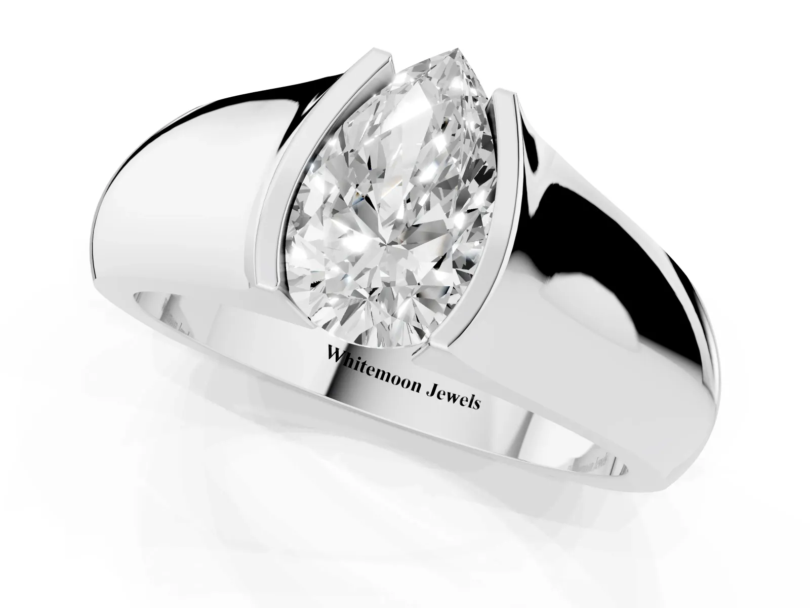 Pear Cut Solitaire Bezel Set Diamond Ring with Wide Band White gold