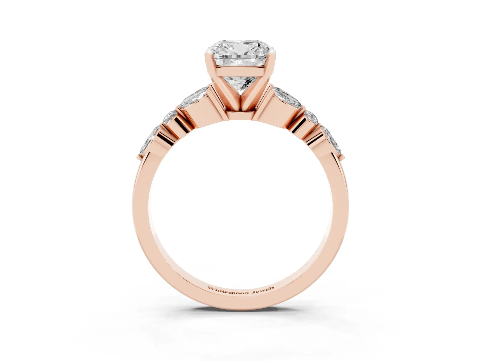 Cushion Cut Diamond Solitaire Ring with Side Stones and Four-Prong Setting Rose gold