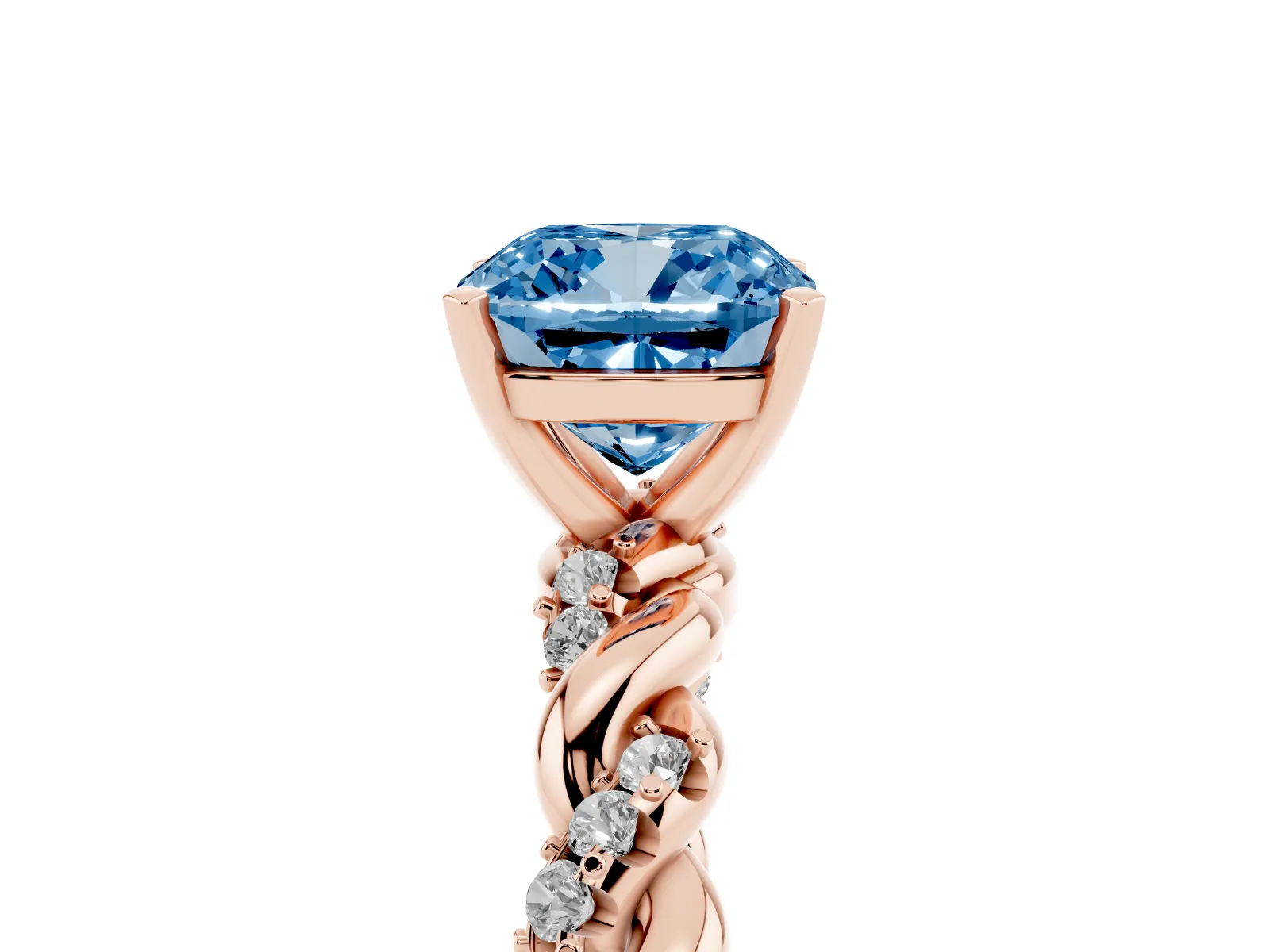 Fancy Blue Cushion Cut Diamond Solitaire Ring with Twisted Band and Pavé Accents Rose gold