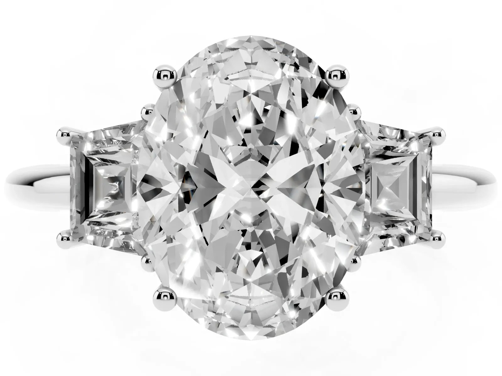 Oval Cut Diamond Three-Stone Ring with Trapezoid Side Stones and Prong Setting Platinum