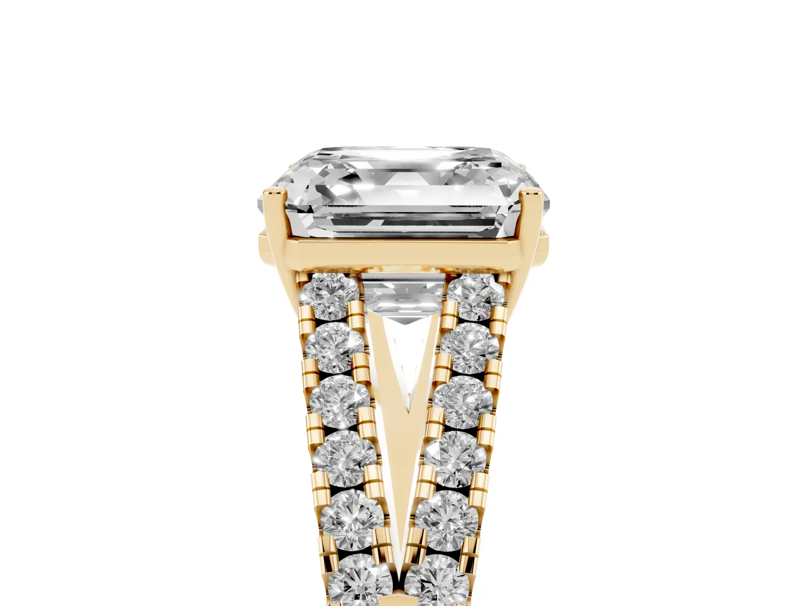 Asscher Cut Diamond Split Shank Engagement Ring with Round Pavé and Prong Setting Yellow gold