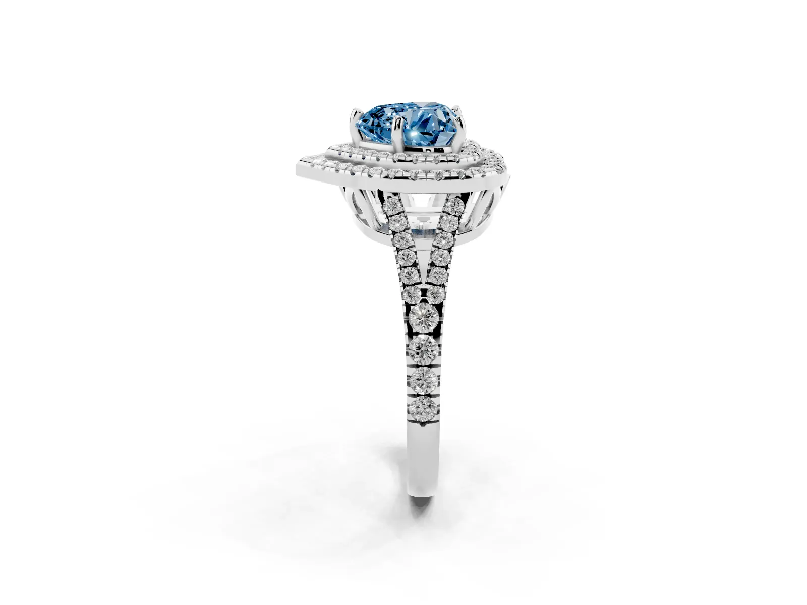Fancy Blue Heart Cut Diamond Double Halo Ring with Pavé Band and Prong Setting Platinum