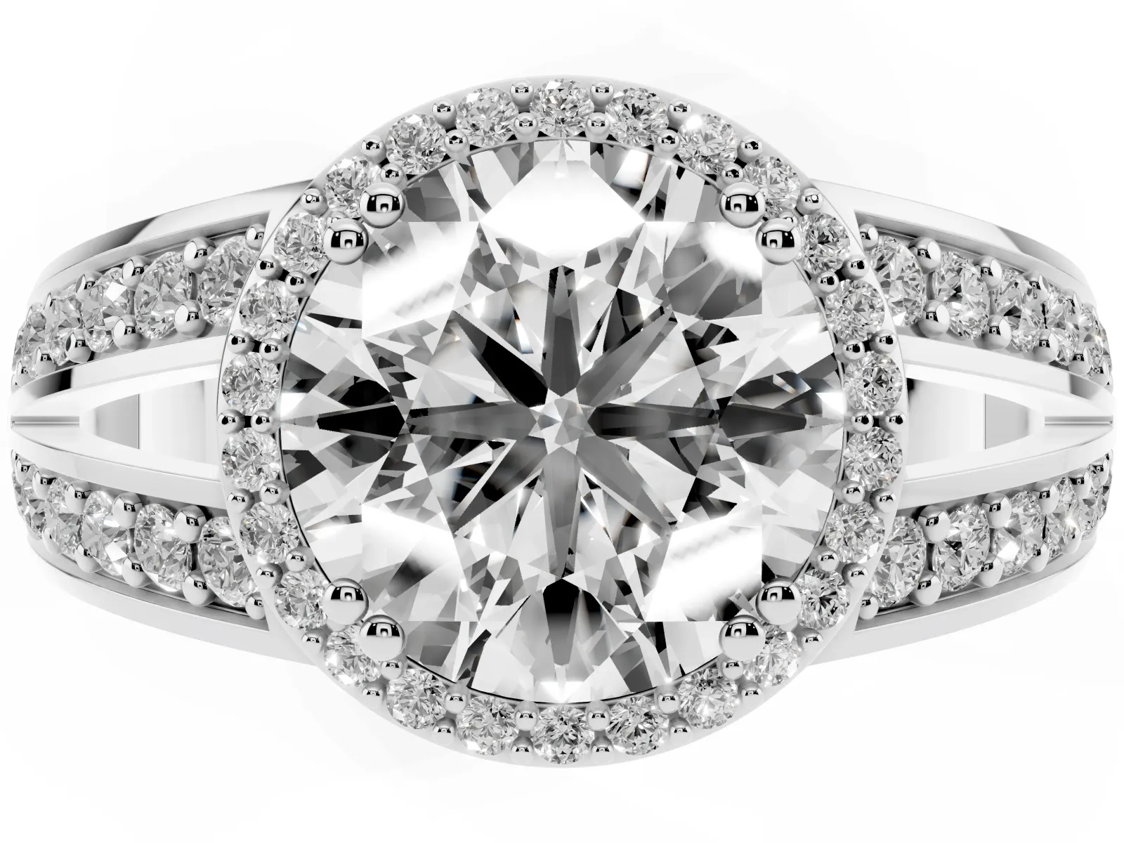 Round Cut Diamond Halo Ring with Split Shank Pavé Band and Four-Prong Setting Platinum