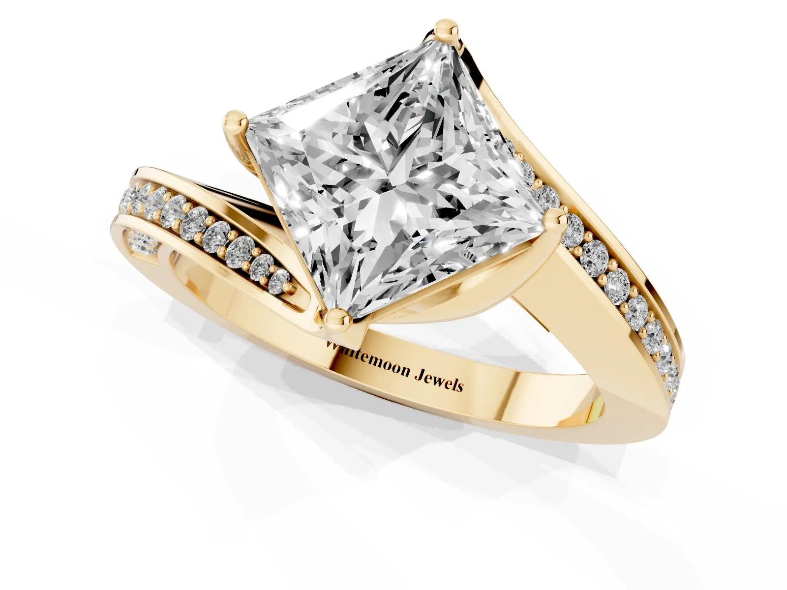 Princess Cut Solitaire Diamond Twist Band with Pavé Setting and Four-Prong Setting Yellow gold