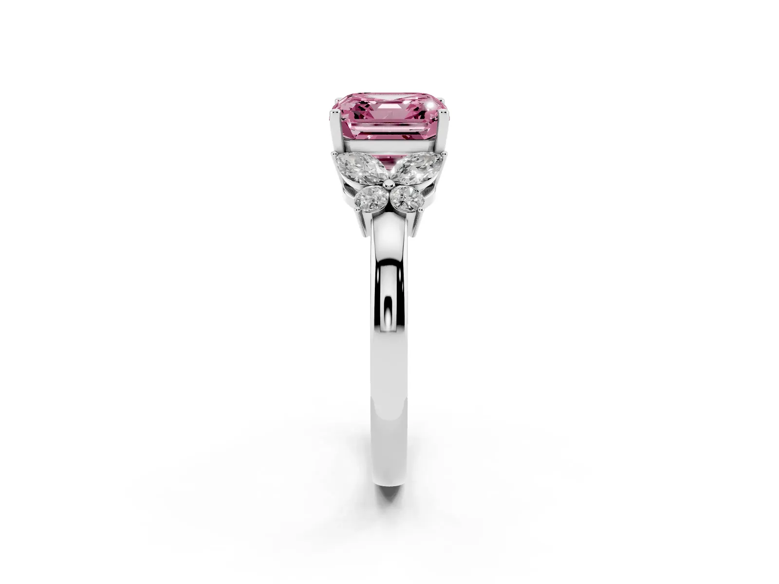 Fancy Pink Asscher Cut Cut Solitaire Floral Diamond Ring with Four-Prong Setting Platinum