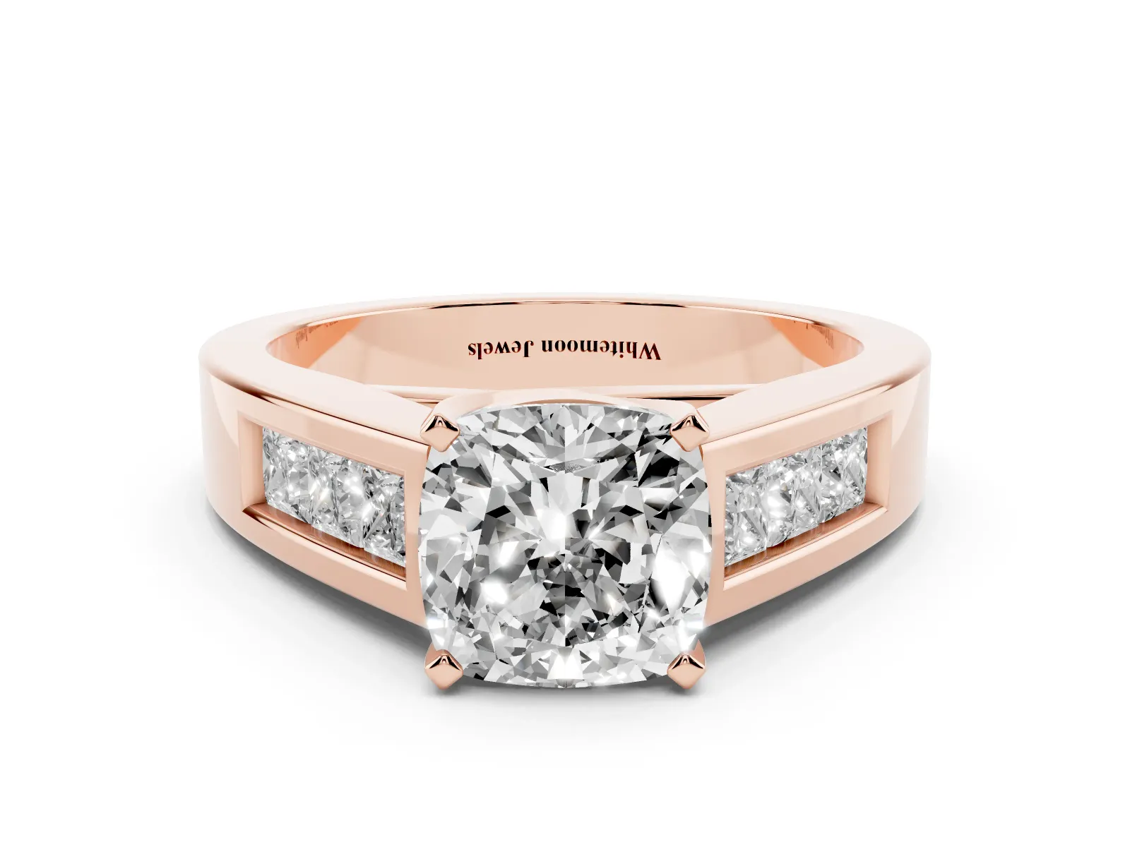 Cushion Cut Cut Channel Set Solitaire Ring with Four-Prong Setting Rose gold