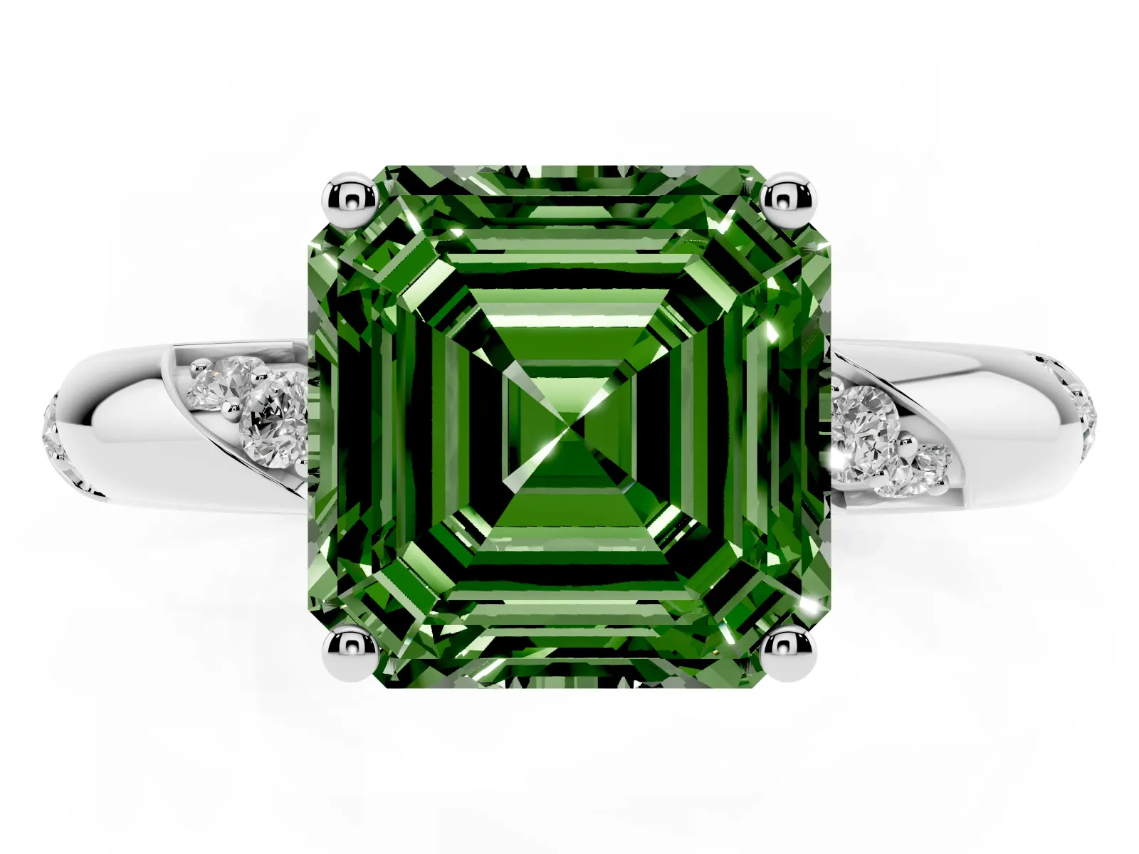 Fancy Green Asscher Cut Diamond Solitaire Engagement Ring with Twisted Round Accent Band and Prong Setting Platinum