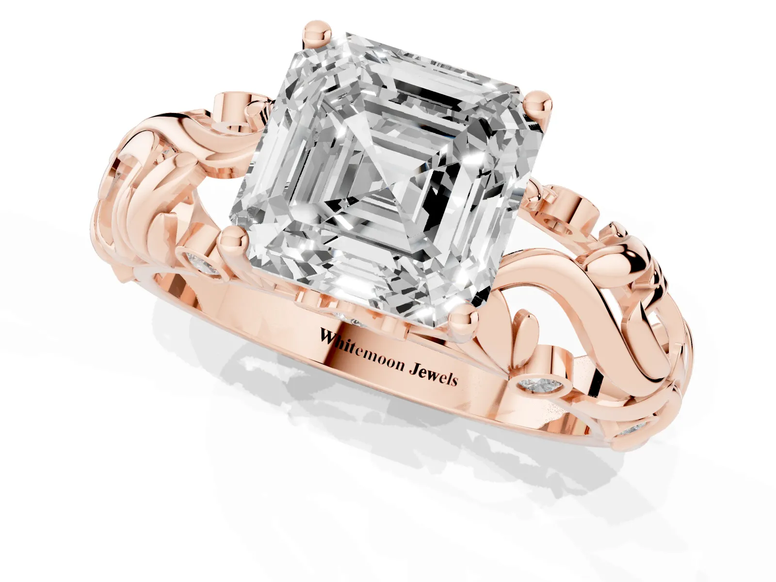 Asscher Cut Solitaire Diamond Leaf-Inspired Vine Band Ring with Prong Setting Rose gold