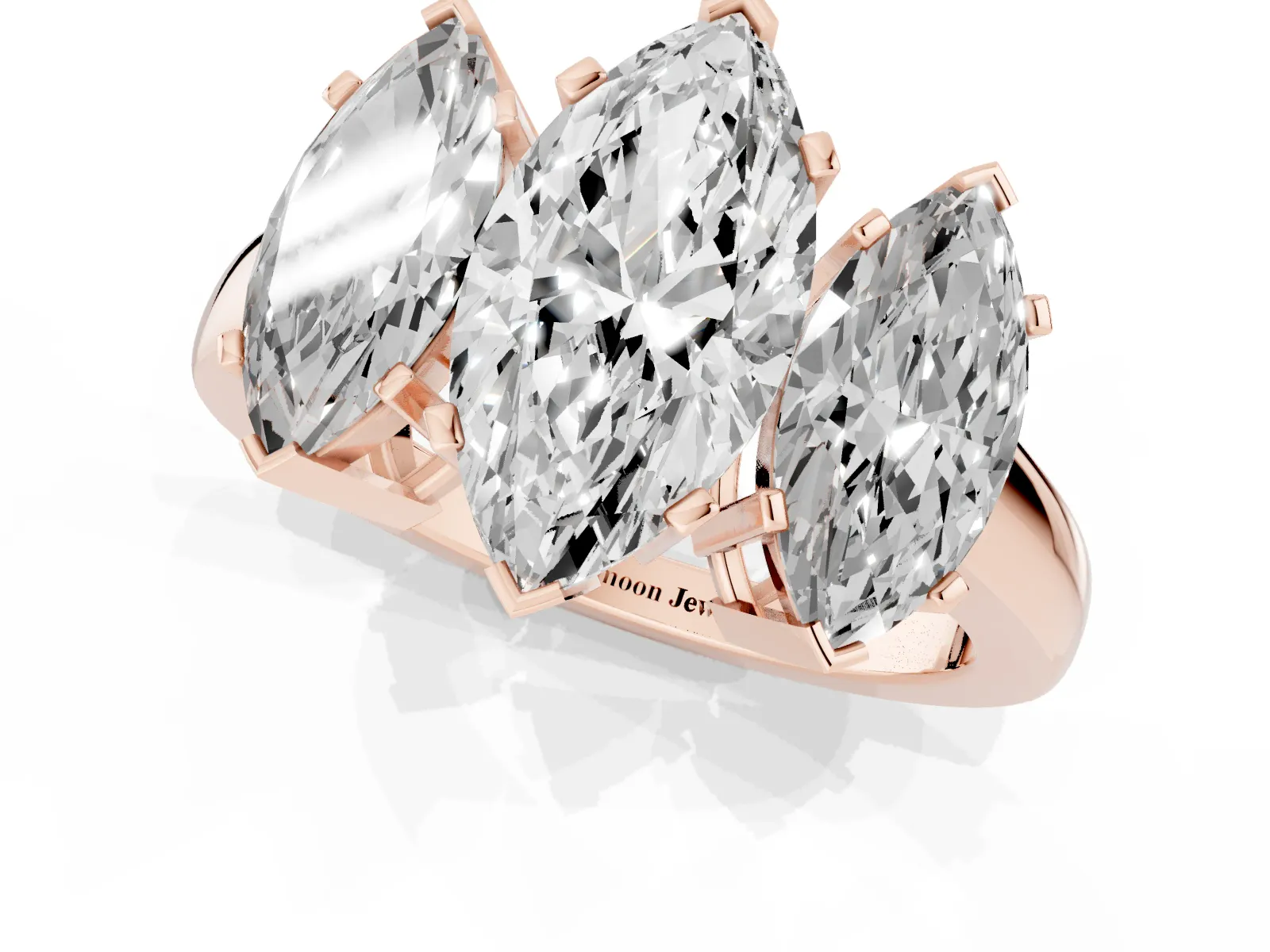 Three-Stone Marquise Cut Cut Diamond Ring with Channel Set Band and Four-Prong Setting Rose gold