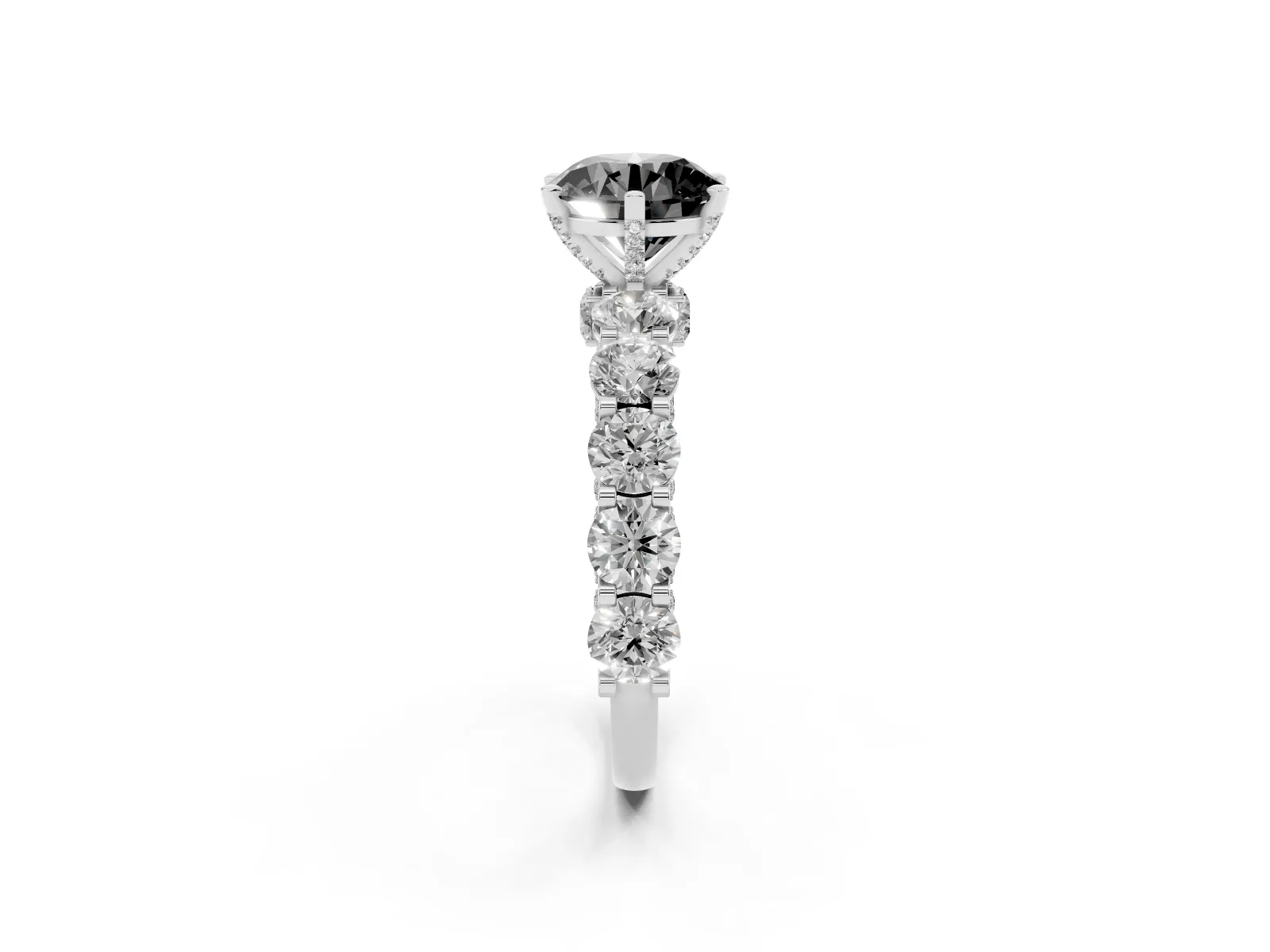 Fancy Black Round Cut Diamond Side Stone Engagement Ring with Four-Prong Setting Platinum