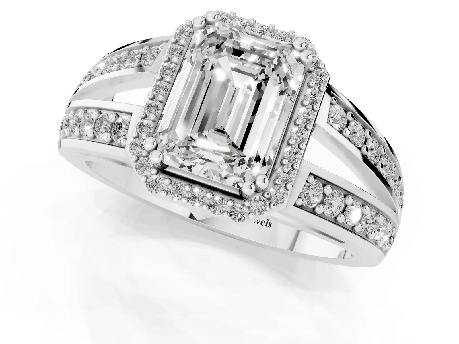 Emerald Cut Diamond Halo Ring with Split Shank Pavé Band and Four-Prong Setting White gold