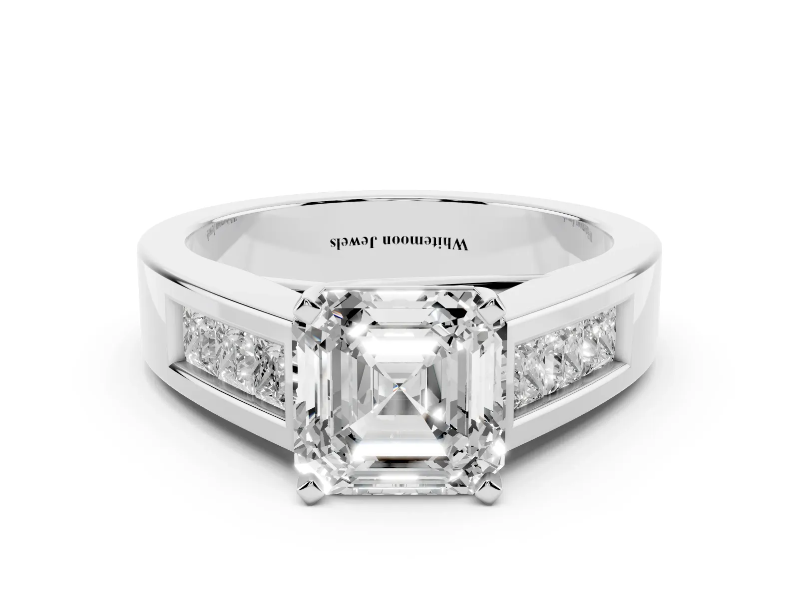 Asscher Cut Cut Channel Set Solitaire Ring with Four-Prong Setting Silver