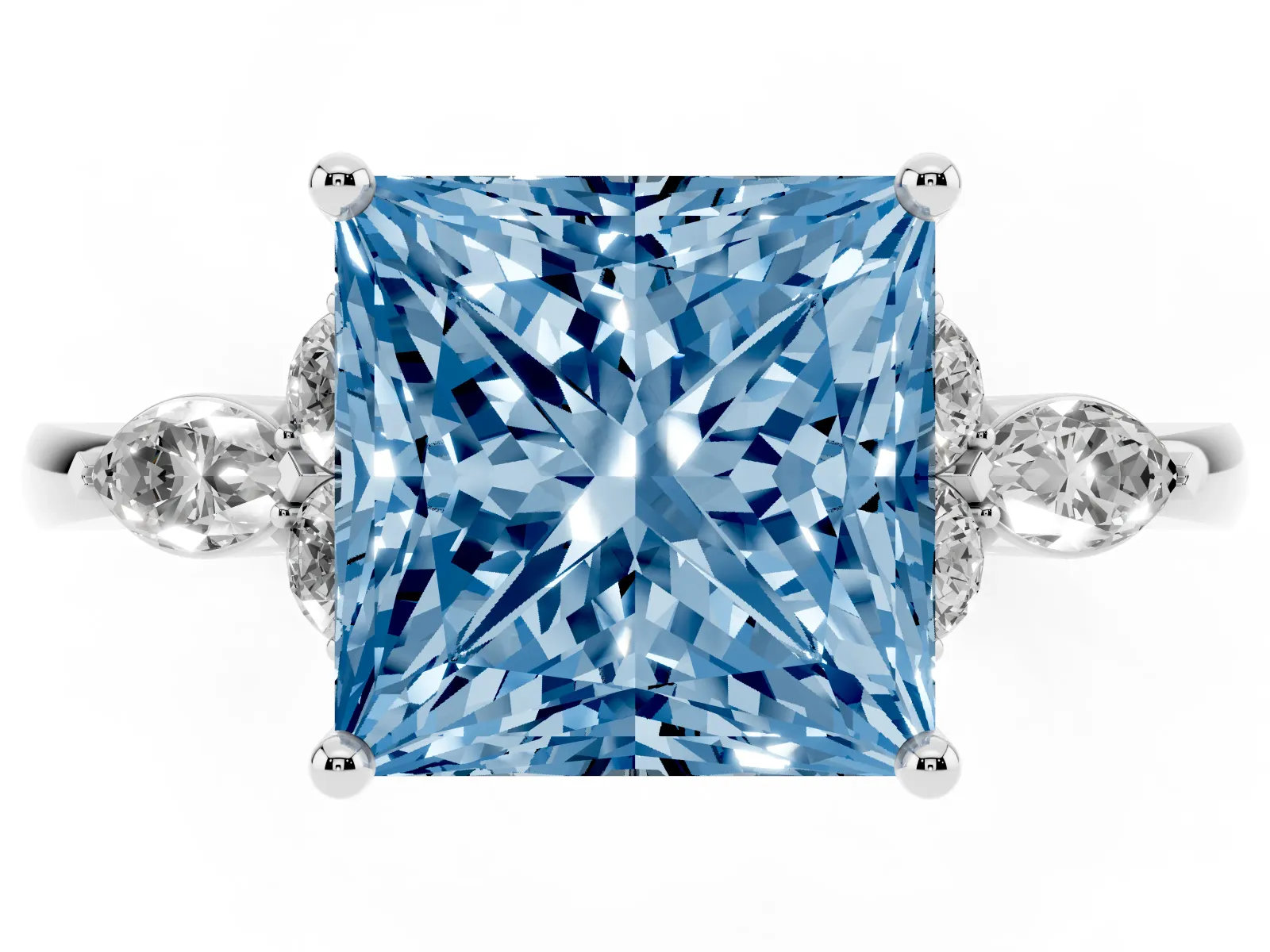 Fancy Blue Princess Cut Brilliant Diamond Solitaire Ring with Pear Side Stones and Four-Prong Setting Platinum