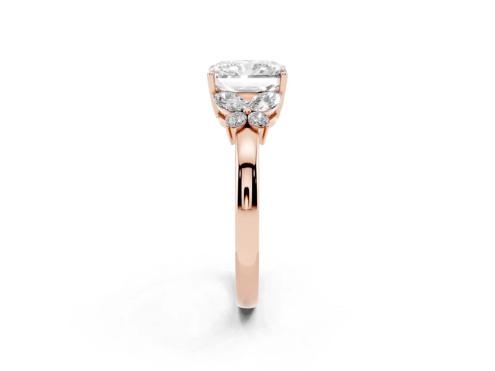 Radiant Cut Cut Solitaire Floral Diamond Ring with Four-Prong Setting Rose gold