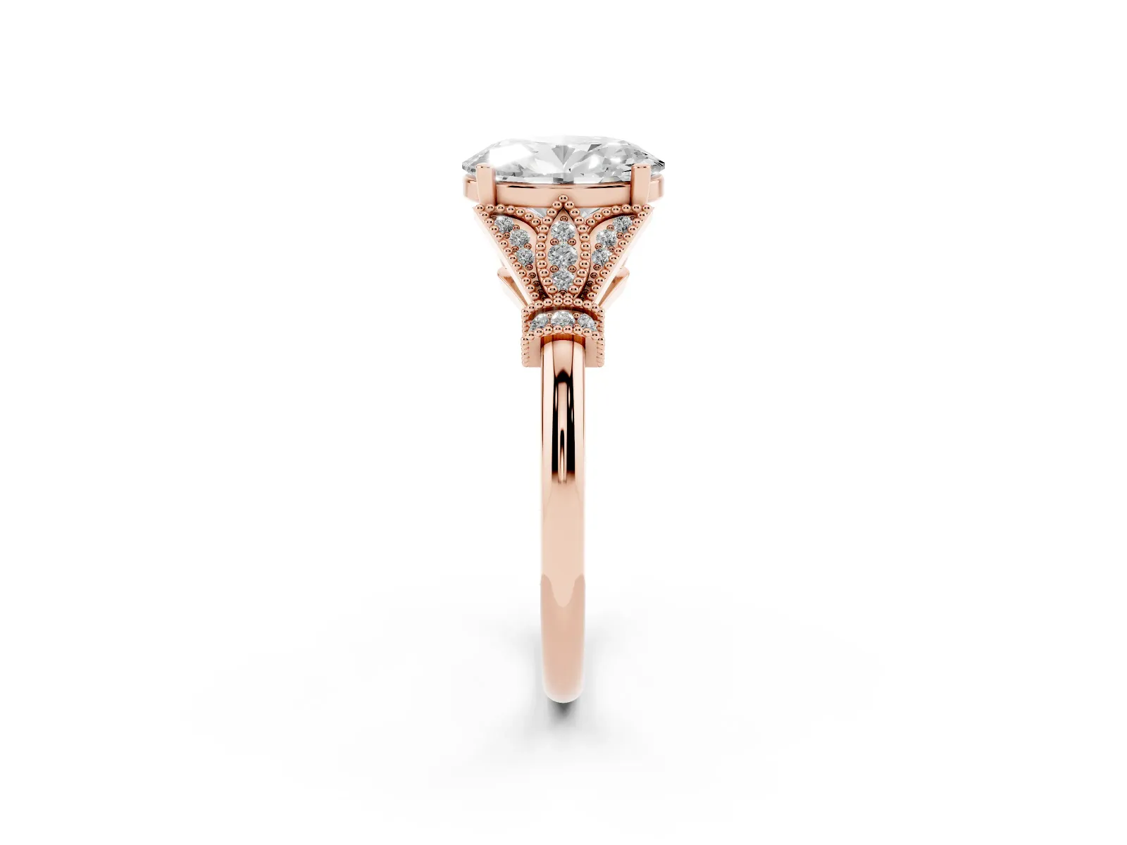 Oval Cut Diamond Solitaire Ring with Floral Filigree and Pave Accents Rose gold
