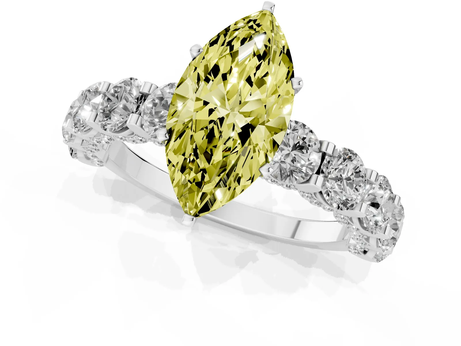 Fancy Yellow Marquise Cut Diamond Side Stone Engagement Ring with Four-Prong Setting Platinum