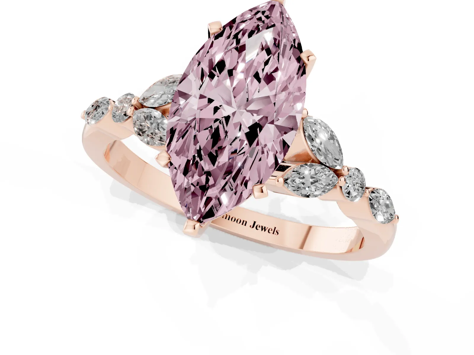 Fancy Pink Marquise Cut Diamond Solitaire Ring with Side Stones and Four-Prong Setting Rose gold