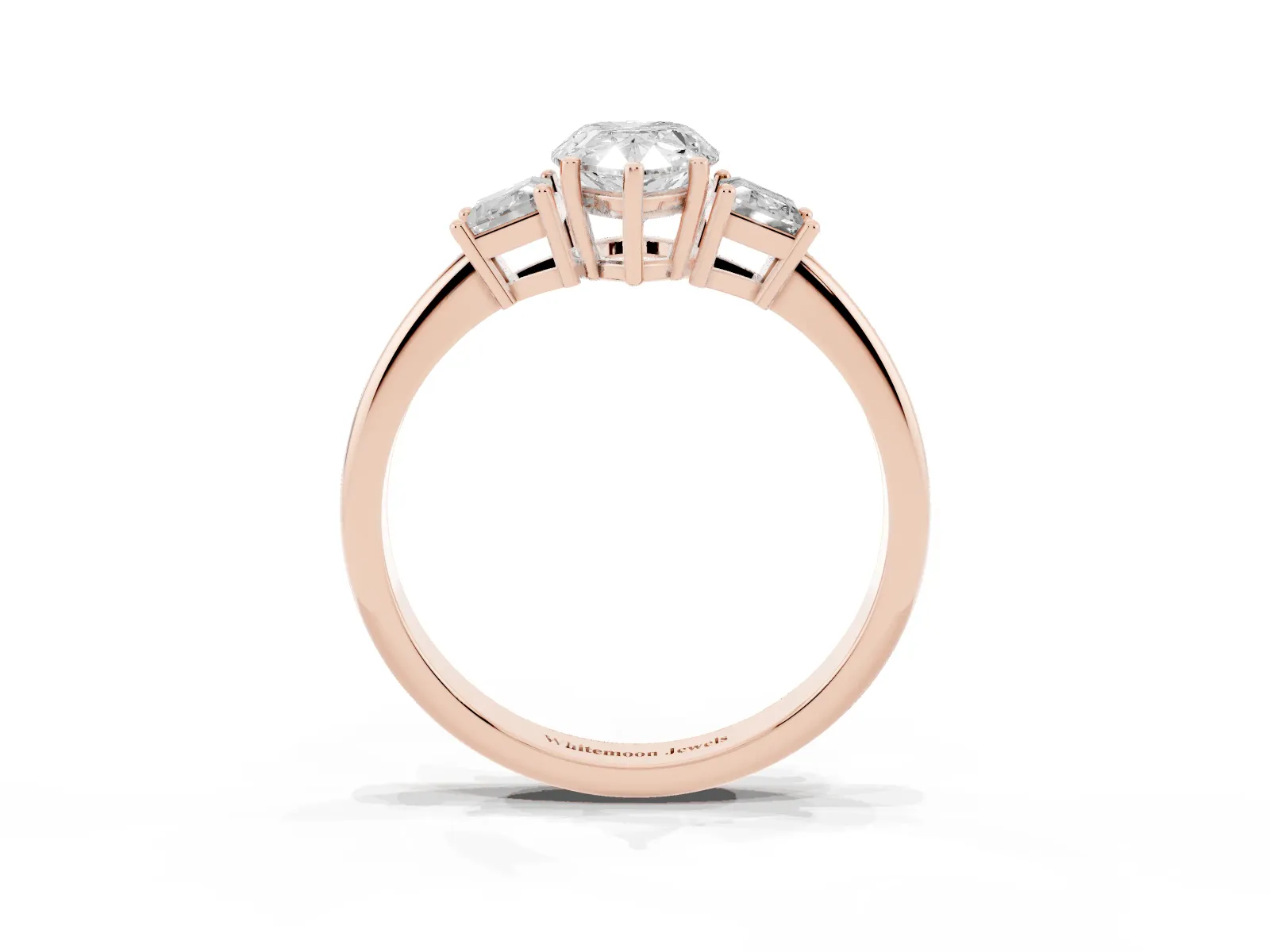 Pear Cut Diamond Three-Stone Ring with Trapezoid Side Stones and Prong Setting Rose gold