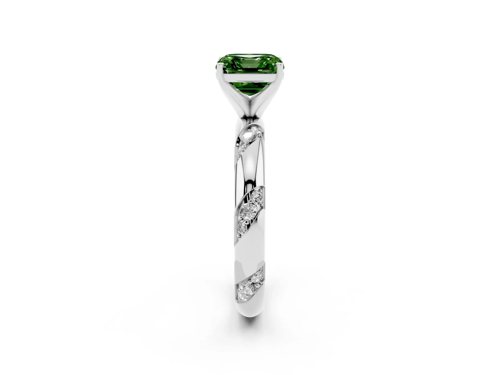 Fancy Green Asscher Cut Diamond Solitaire Engagement Ring with Twisted Round Accent Band and Prong Setting Platinum