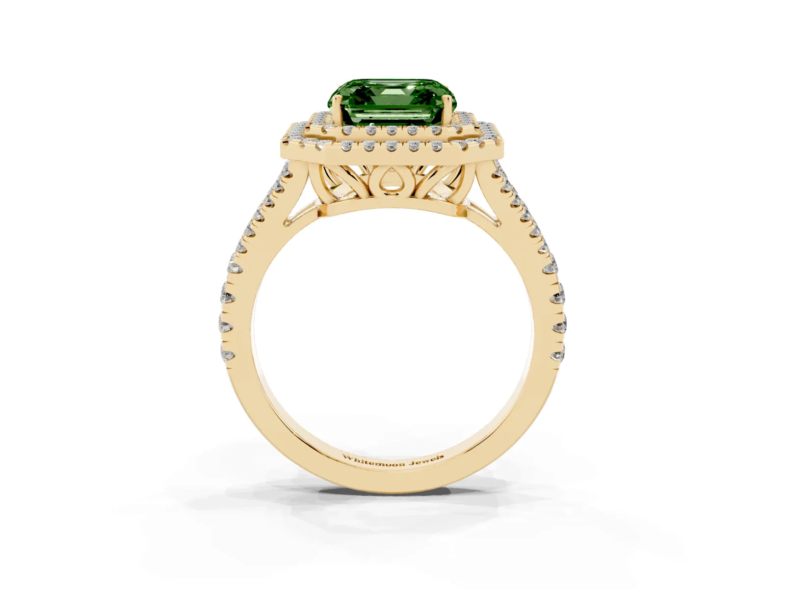 Fancy Green Asscher Cut Diamond Double Halo Ring with Pavé Band and Prong Setting Yellow gold