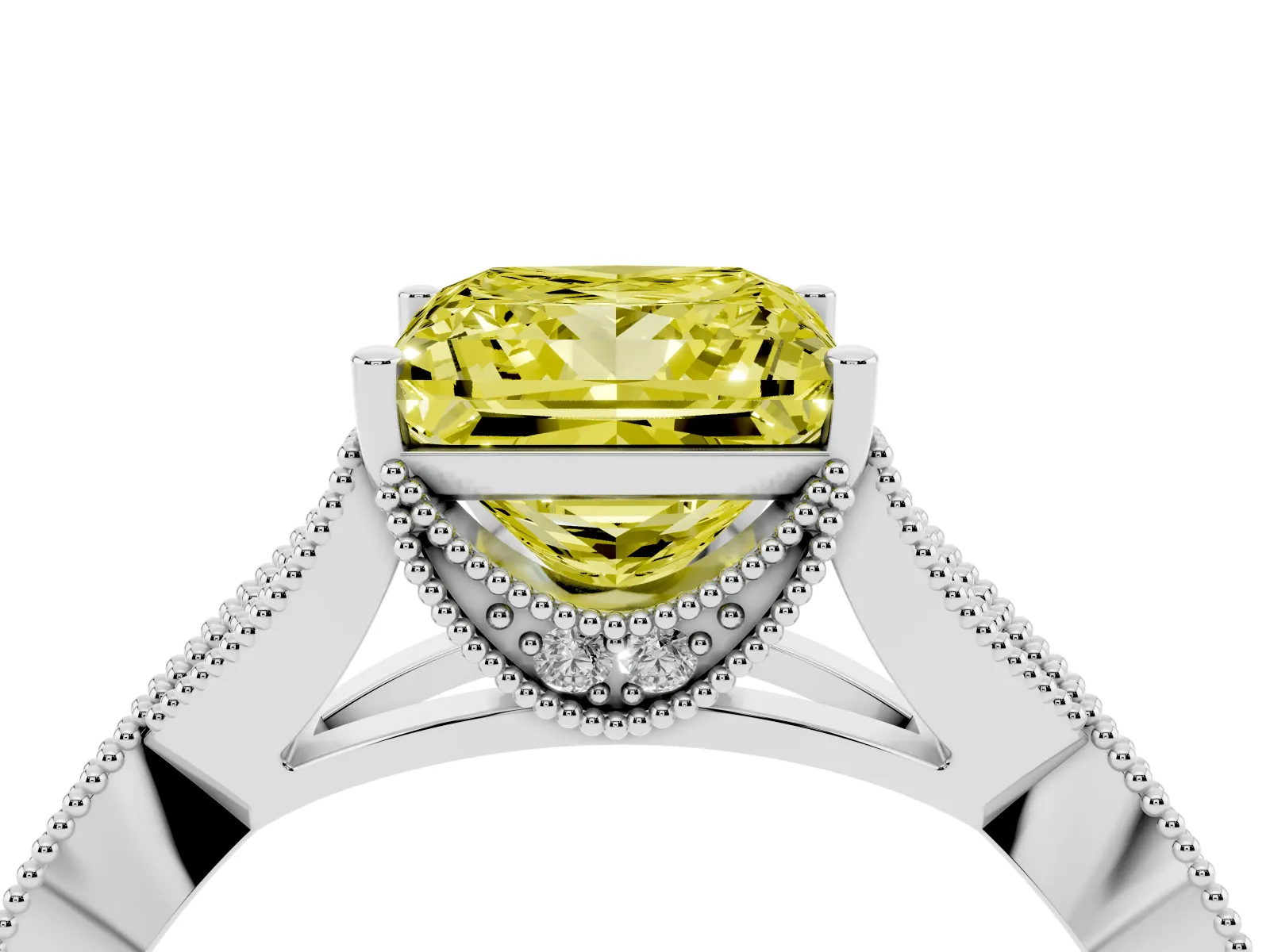 Fancy Yellow Princess Cut Cut Diamond Twisted Band with Milgrain Pave Setting and Four-Prong Setting Platinum
