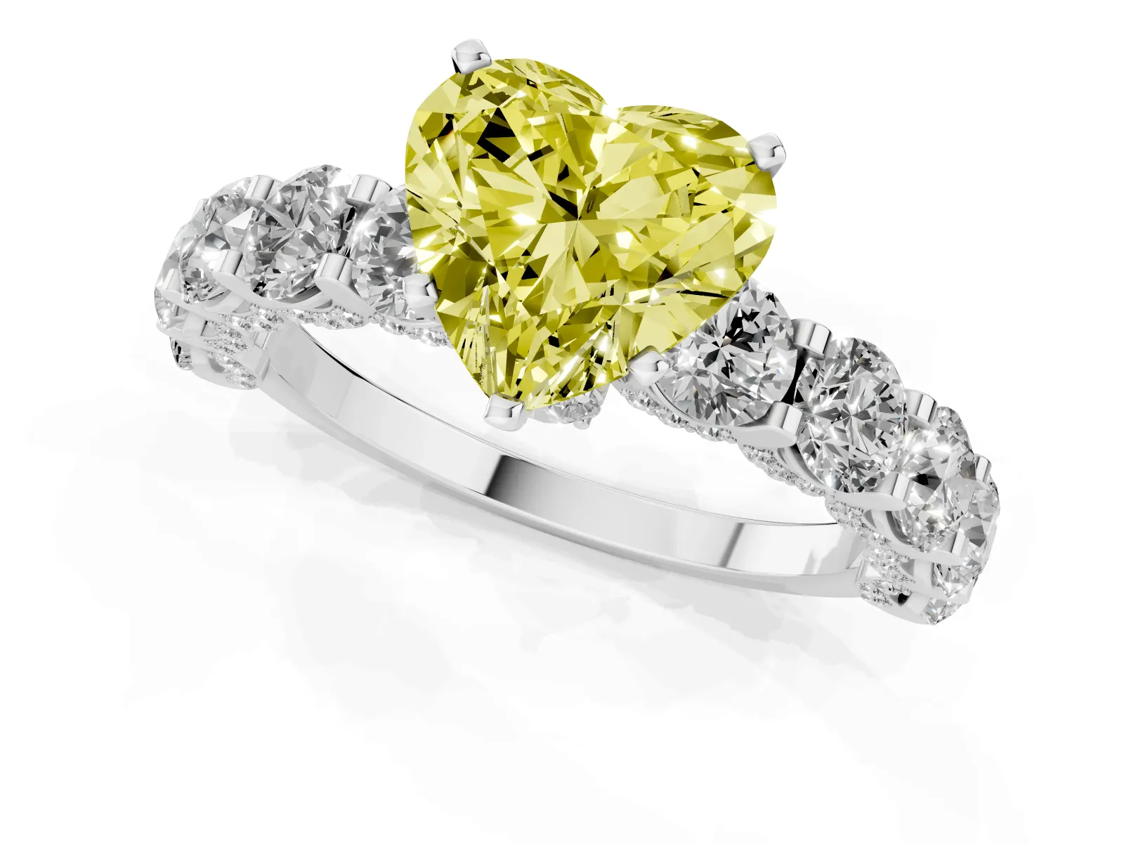 Fancy Yellow Heart Cut Diamond Side Stone Engagement Ring with Four-Prong Setting Platinum