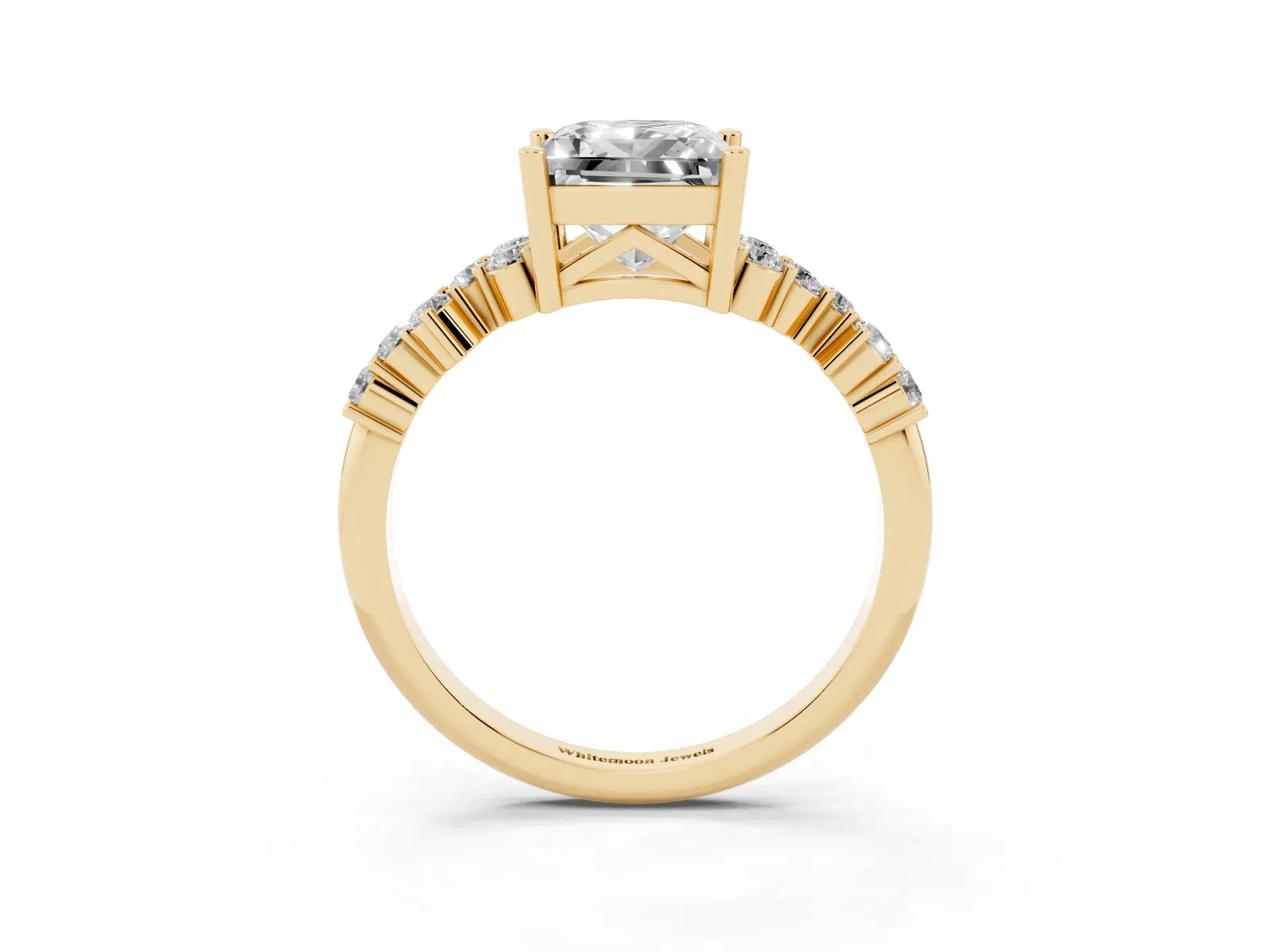 Princess Cut Diamond Scattered Round Accent Ring with Prong Setting Yellow gold