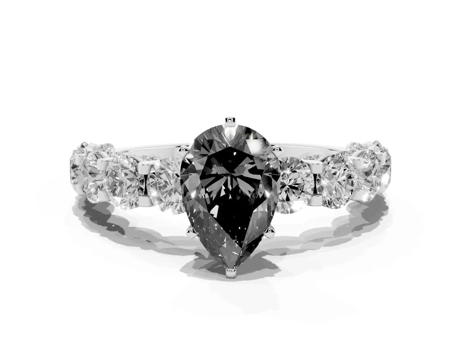 Fancy Black Pear Cut Diamond Side Stone Engagement Ring with Four-Prong Setting White gold
