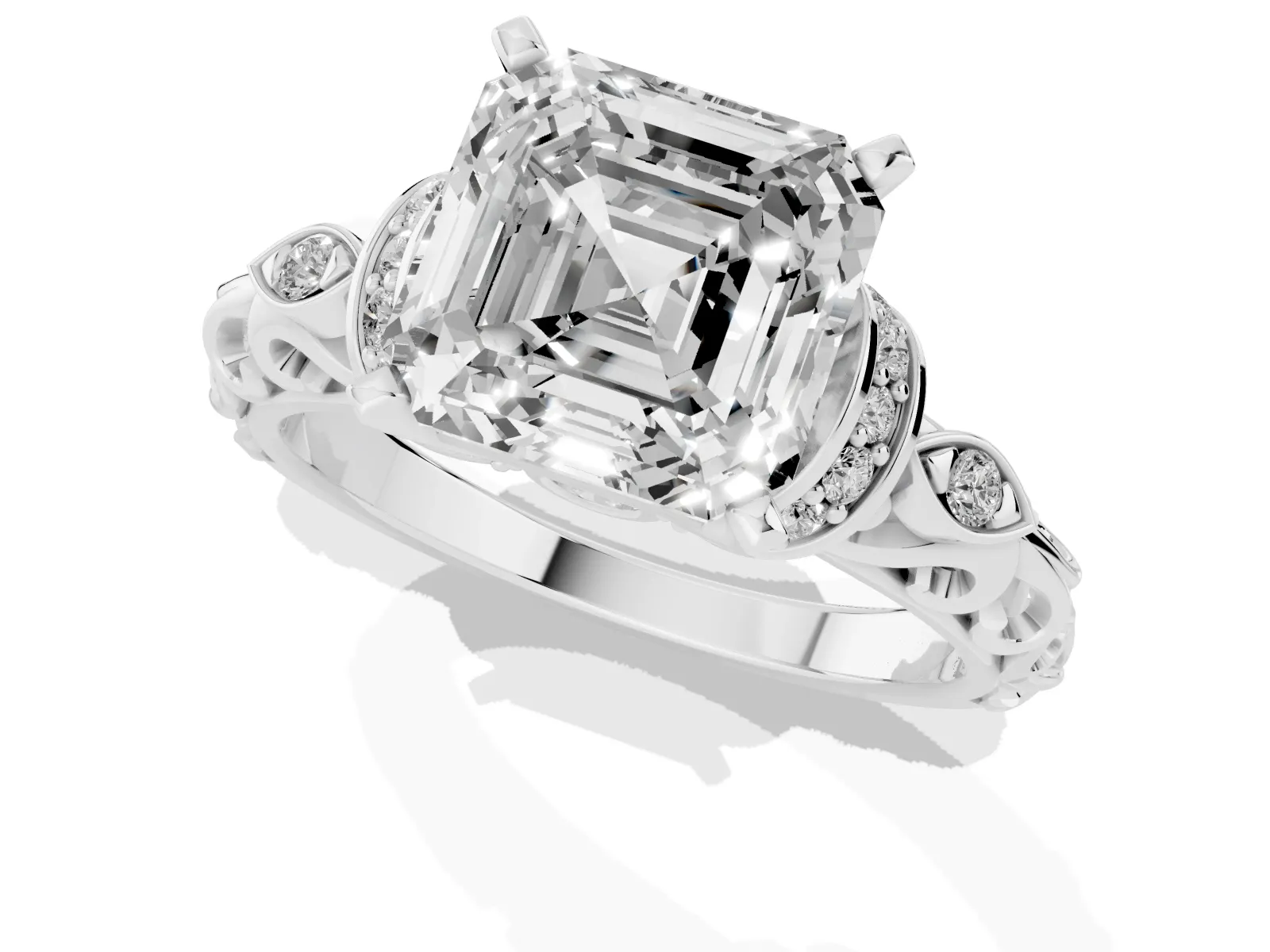 Asscher Cut Diamond Solitaire Ring with Filigree Band and Four-Prong Setting Platinum