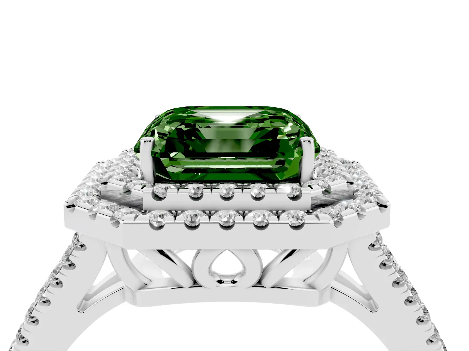 Fancy Green Asscher Cut Diamond Double Halo Ring with Pavé Band and Prong Setting Platinum