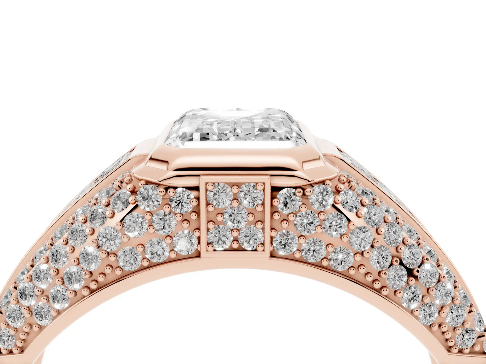 Emerald Cut Diamond Mens Ring with Side Stones Rose gold