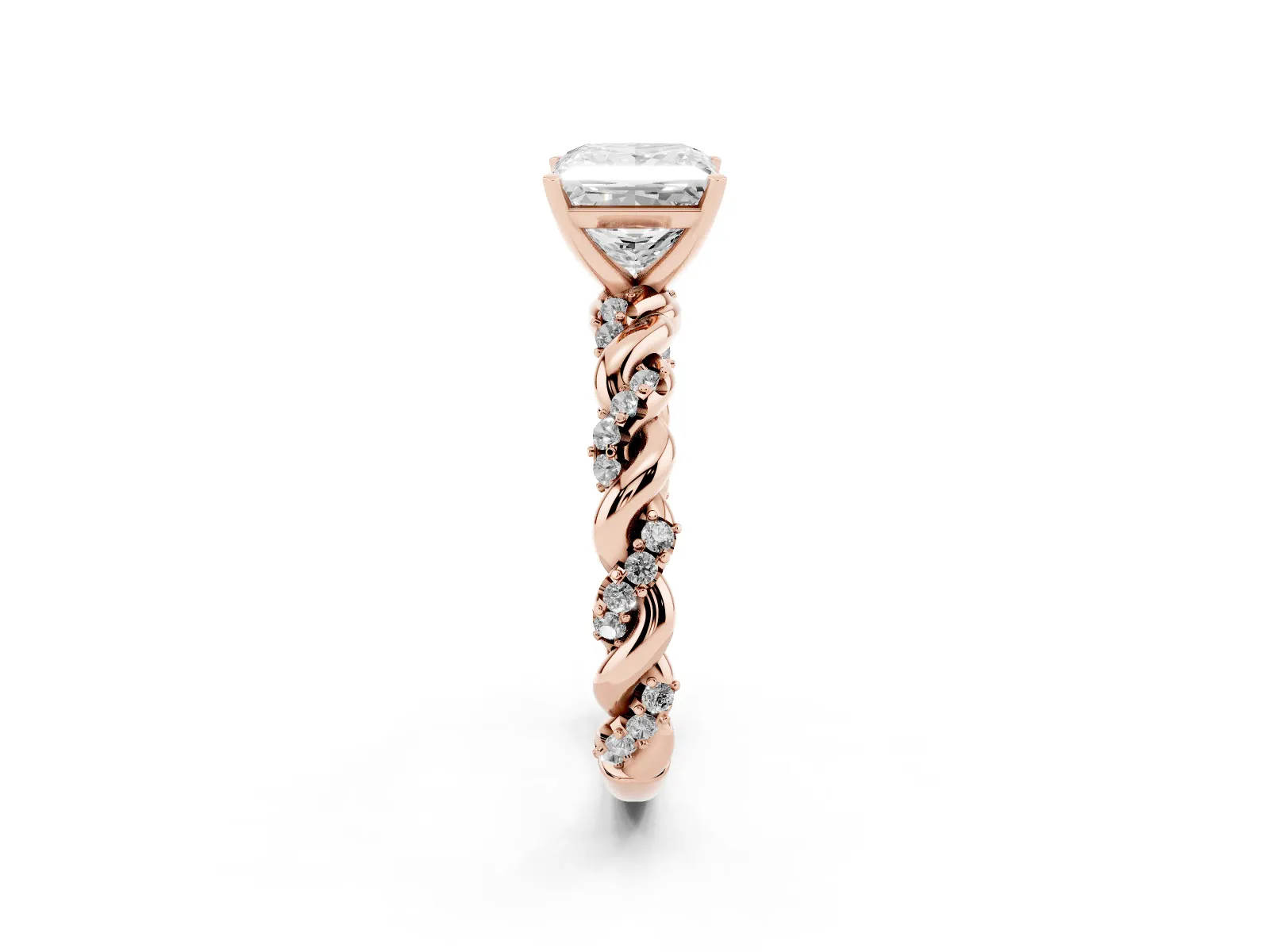 Princess Cut Diamond Solitaire Ring with Twisted Band and Pavé Accents Rose gold