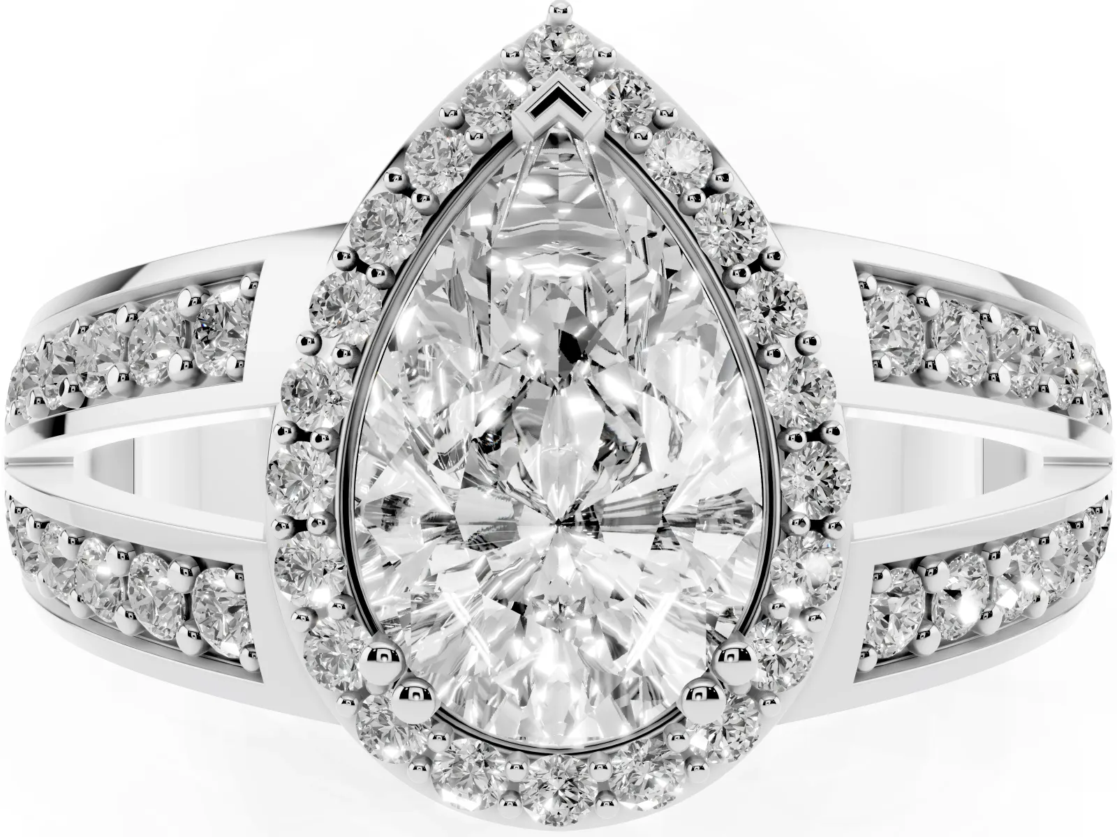 Pear Cut Diamond Halo Ring with Split Shank Pavé Band and Four-Prong Setting Platinum