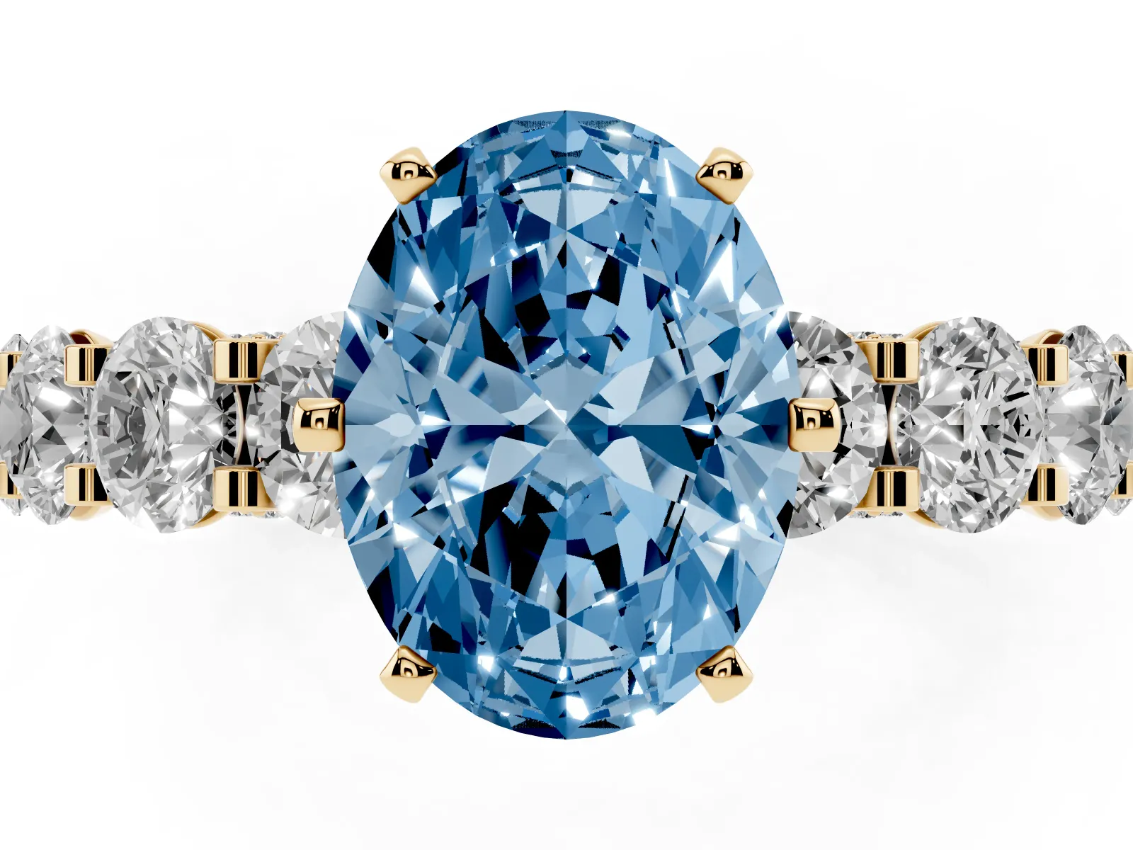 Fancy Blue Oval Cut Diamond Side Stone Engagement Ring with Four-Prong Setting Yellow gold